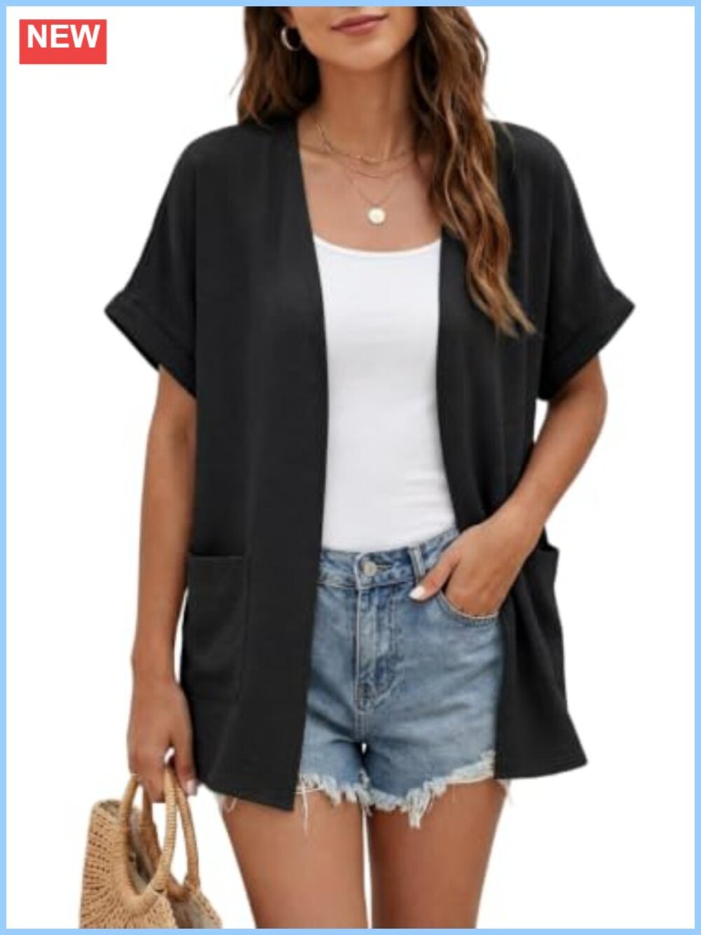 Lightweight Linen-Like Short Sleeve Cardigan Open Front with Pockets